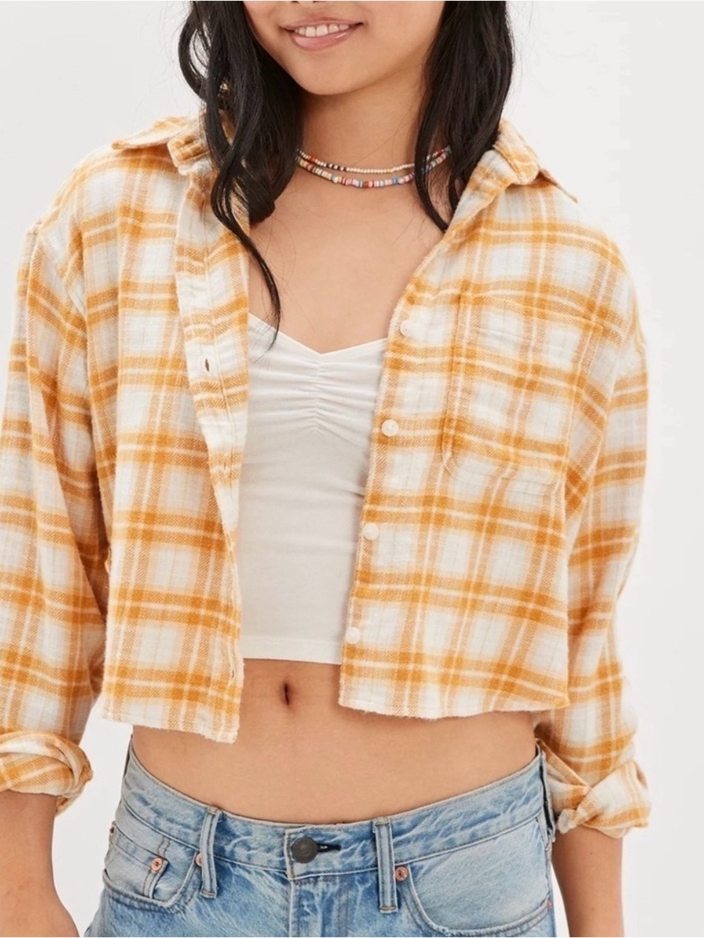 American Eagle women’s yellow flannel crop top size XL